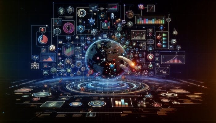 A futuristic digital interface with graphs and charts analysing keywords, icons for search volume, trends, and user intent, global network backdrop.