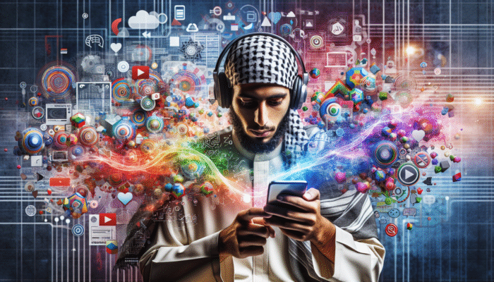 Optimise for Mobile Video Content: A person watching vibrant videos on a smartphone, with digital elements and mobile video consumption statistics.