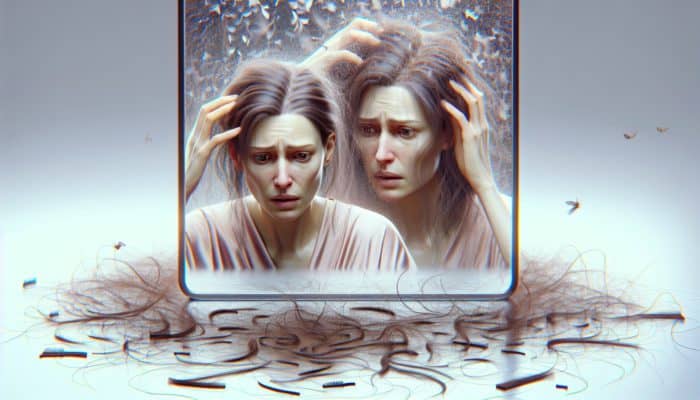Adopting Postpartum Hair Support: A new mother looking concerned at her thinning hair in a mirror, surrounded by fallen strands, depicting postpartum hair loss.