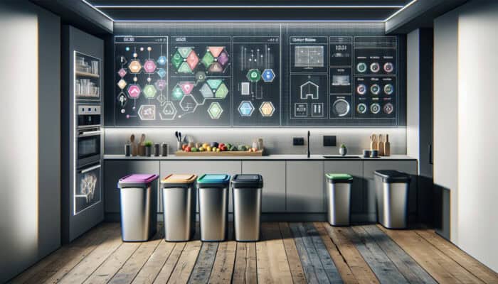 A modern UK kitchen with a high-tech waste sorting system, including colour-coded bins and a digital display.