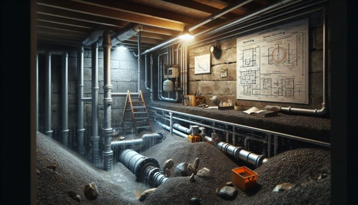 Crawl Space Drainage Services in Mission: A crawl space drainage system in Mission, Canada, with pipes, gravel, and a sump pump removing excess water.