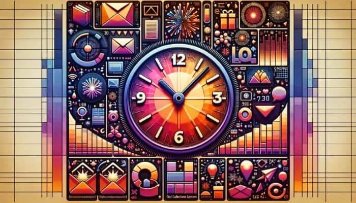 A digital clock displaying mid-morning, surrounded by opened emails, holiday symbols, and engagement charts.