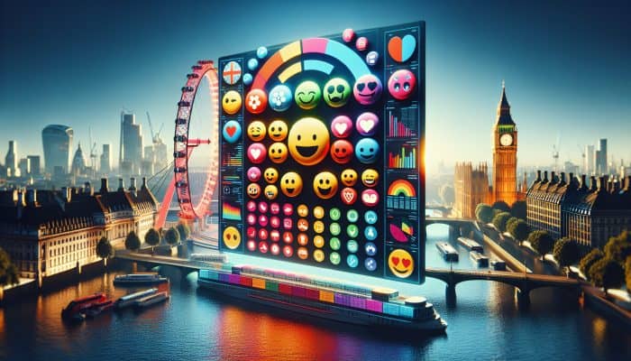 A digital interface showcasing mood tracking graphs, emojis, and iconic UK landmarks like Big Ben and the London Eye.