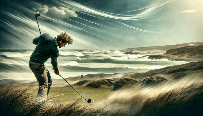 A South African golfer on a windy coastal course, using specialized equipment for a precise shot.