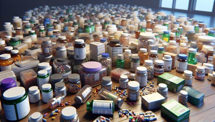 How to Spot Fake Supplements: Bottles of supplements on a table, some with misspelled labels and inconsistent packaging, showing counterfeit signs.