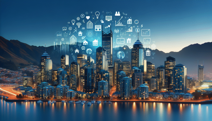 Queenstown skyline at dusk with modern buildings, luxury homes, and financial charts symbolizing property investment.