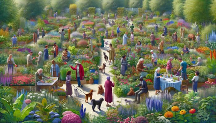 A vibrant community garden filled with people and pets enjoying and sharing gardening tips outdoors.