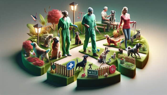 A community garden featuring leashed pets, safety signs, training sessions, and a vet contact list for a secure environment.