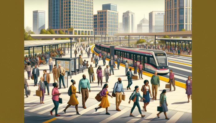 A dynamic city scene in Centurion showcasing residents utilising frequent and reliable public transit within a 1-kilometre radius.