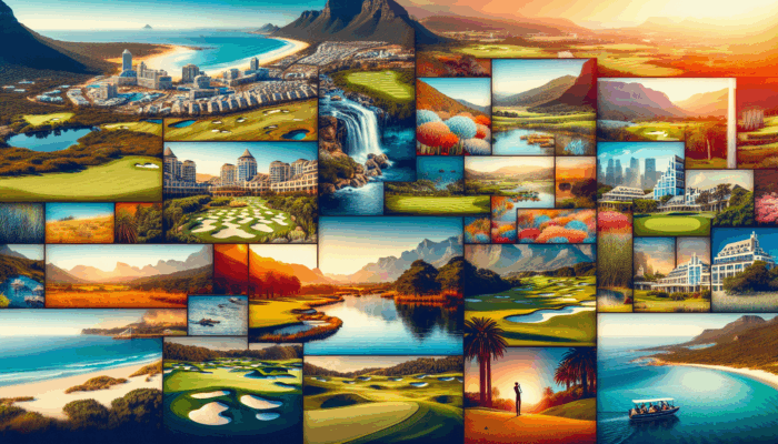 How to Create a Golf Instagram: Collage of South Africa's top golf courses, showcasing coastal and inland diversity.