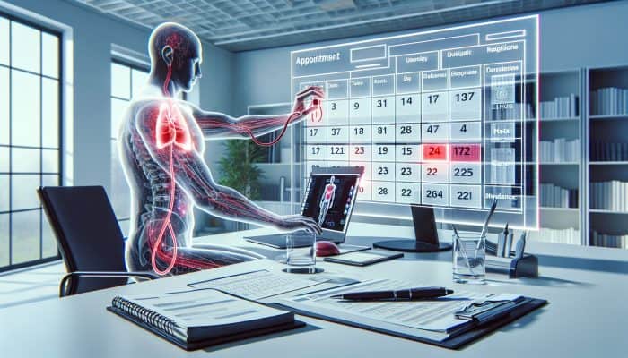 A person using a laptop to book a ferritin blood test appointment online, with a calendar displaying available slots.