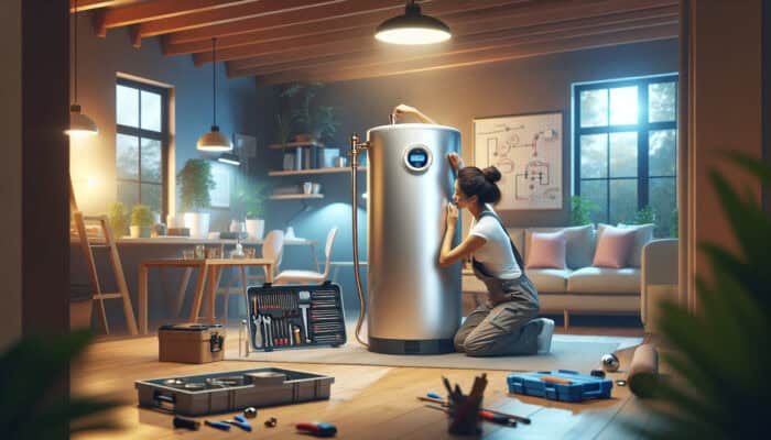 A modern hot water tank installed in a comfortable basement in Ladner, Delta, serviced by a qualified plumber.