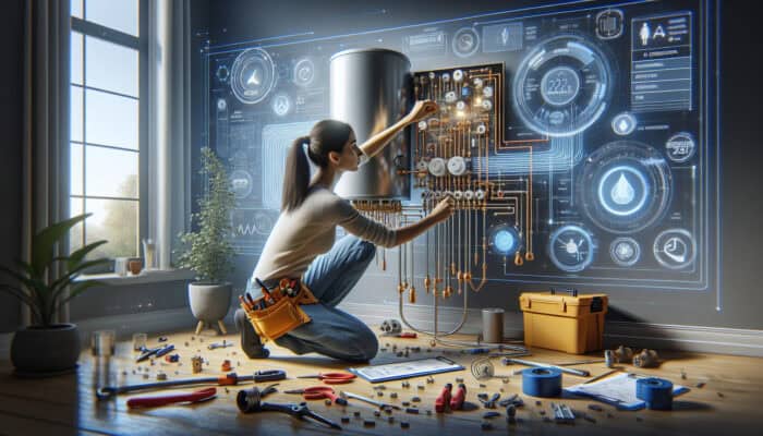 A professional installer connects a hot water tank to the electrical and plumbing systems in a contemporary home.