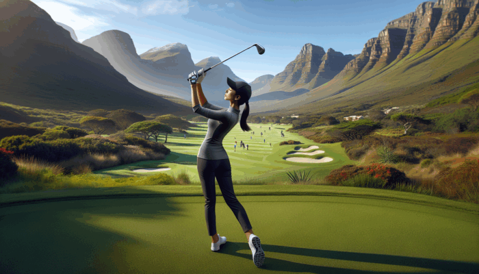 Top Golf Gloves for Sweaty Hands: A golfer swinging a club on a lush South African fairway, wearing a golf glove, with scenic Garden Route mountains.
