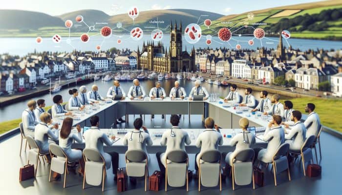 Medical experts in white coats discuss cholesterol blood tests at a Swansea conference, surrounded by lab equipment and scenic bay.