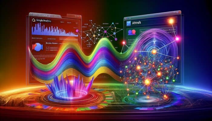 A digital dashboard comparing Google Analytics and Ahrefs, featuring traffic graphs, heatmaps, backlink networks, and keyword clouds in a futuristic interface.