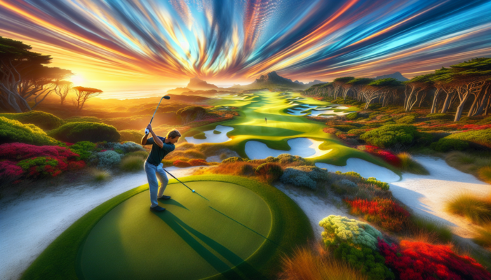 A golfer in South Africa choosing a wedge on a course transitioning from coastal links to lush inland parklands.