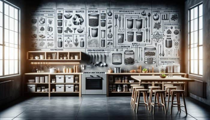 Kitchen scene featuring food scrap storage, upcycling recipes, and preservation techniques such as freezing, dehydrating, fermenting.