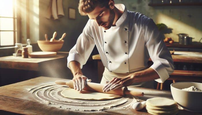 Chef demonstrating precise lamination techniques using a rolling pin on a flour-dusted table in a well-lit kitchen.