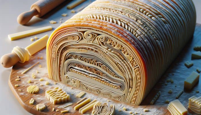 Cross-section of laminated dough illustrating single, double, and letter folds with diverse layers and textures.