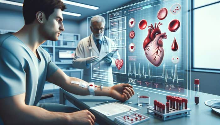 Cholesterol Blood Test in Cambridge: Close-up of a doctor drawing blood in a UK NHS clinic for a cholesterol test, with lab equipment, heart charts, and red blood cell graphics.