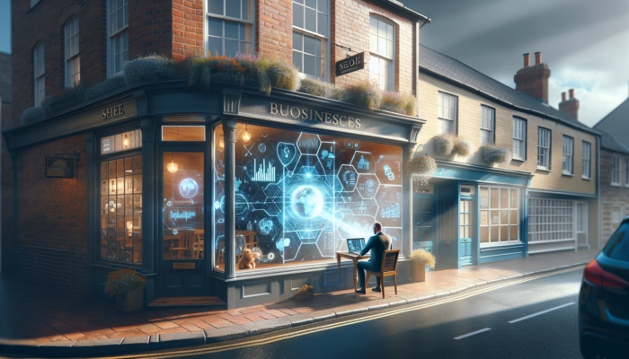 Quaint shop in Cinderford with 'Local SEO Services' sign; owner inside analysing graphs, keywords, and icons on laptop under daylight.