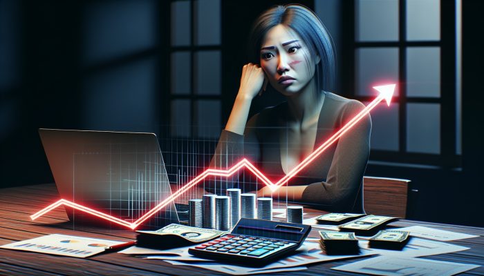 Debt Consolidation Loan Credit Score Minimums: UK Guide | DCL Individual looking troubled at financial documents and laptop showing increasing debt graph in dimly lit room.