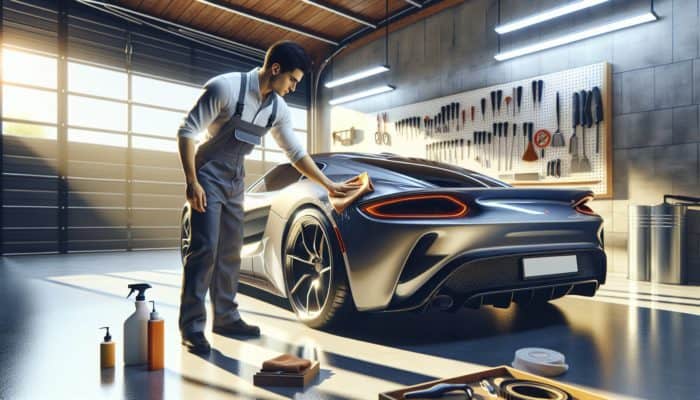 Skilled artisan applying car wax with microfiber cloth on sleek sports car in sunlit garage for mirror shine.