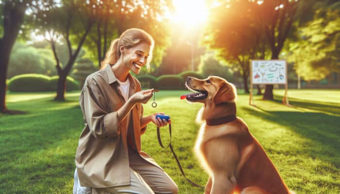 A smiling trainer in a sunny park rewards an eager golden retriever with a treat and clicker, capturing the joyful moment amid lush greenery.