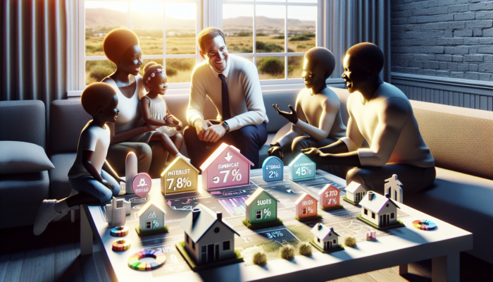 In Vryheid, a diverse middle-income family discusses mortgages with a smiling advisor, surrounded by house models, interest graphs, and subsidy certificates.