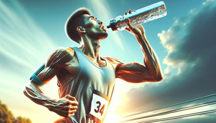 A runner mid-stride during a marathon pauses to sip from their water bottle, sweat glistening on their focused face under a sunny sky.