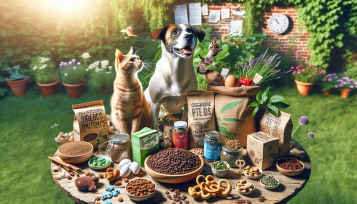 A playful dog and a curious cat surrounded by organic pet brands on a rustic wooden table in a sunlit garden.