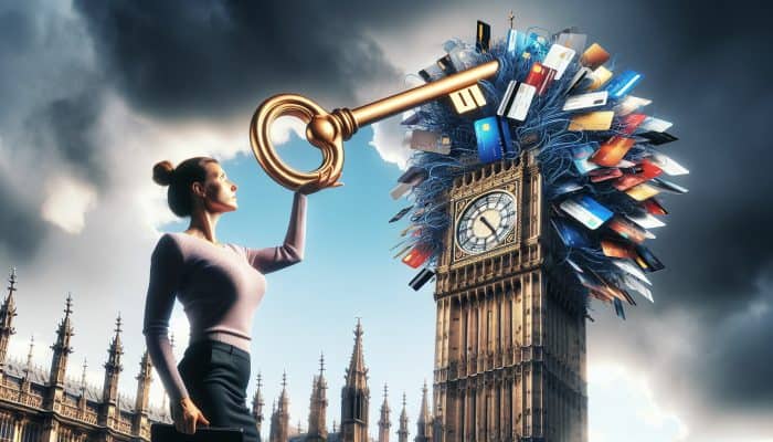 How Debt Consolidation Affects Future Borrowing | DCL How Debt Consolidation Affects Future Borrowing: A determined person in front of Big Ben merges tangled credit card chains and documents into a golden key under a cloudy sky.