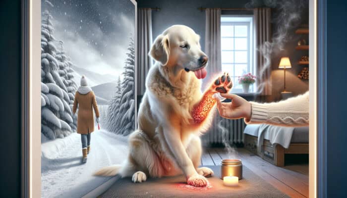 A golden retriever limps in snow, licking its red, irritated paw, while its owner applies a warm compress indoors in a cozy atmosphere.