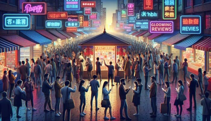 In a bustling marketplace, crowds check smartphone reviews around a product, with smiling shoppers buying under neon signs at dusk.