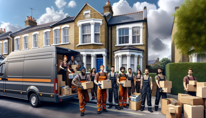 A diverse team of workers loading furniture and boxes into a van outside a British terraced house on a partly cloudy day.