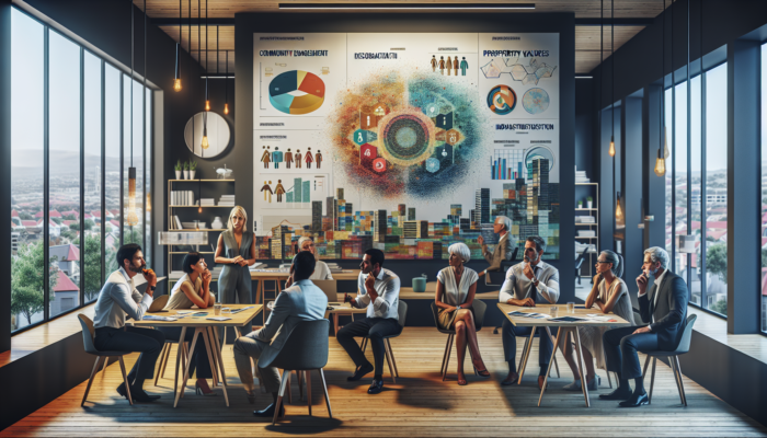 Experts in a modern Stellenbosch office analyzing maps, demographic charts, and infrastructure models under warm lighting.