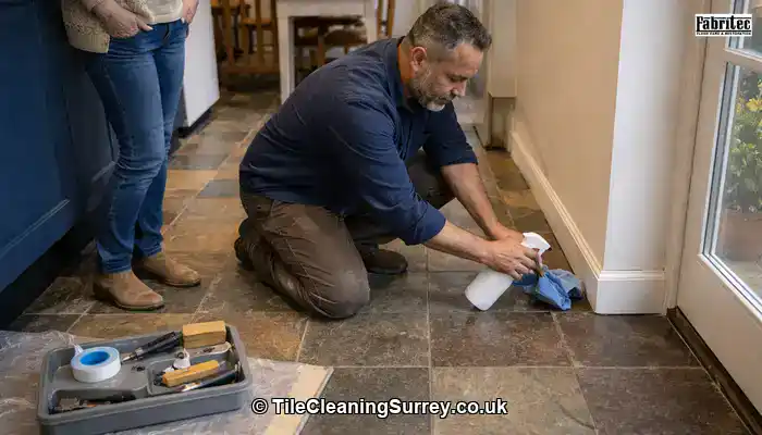Specialist performing a small test clean on a slate floor while a homeowner watches calmly in a lived-in Surrey home.