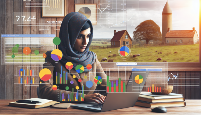 Entrepreneur in Cinderford office analyses social media metrics on laptop, showing rising graphs of likes, shares, and follower growth with countryside view.