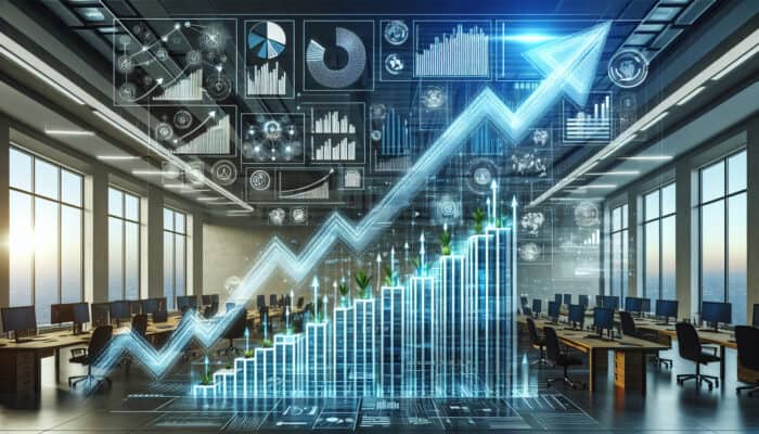 A dynamic business dashboard in a modern office showing upward-trending sales and client graphs, with a glowing readiness checklist for expansion.