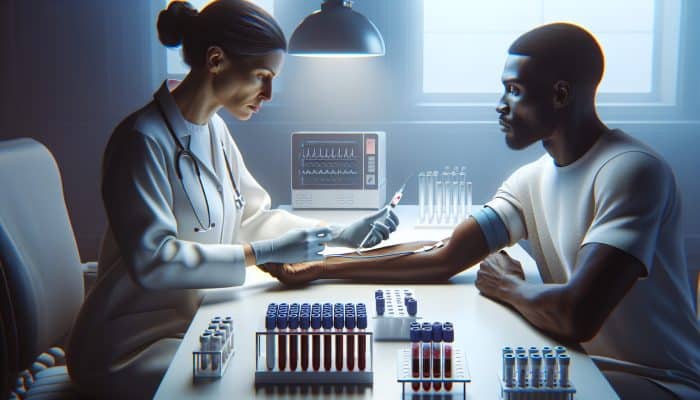 A focused phlebotomist in a white coat draws blood from a patient's arm in a sterile lab, with test tubes and a digital analyzer for a testosterone test.