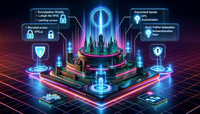 A futuristic digital fortress protects a holographic virtual assistant with glowing encryption shields, VPN tunnels, and authentication keys in a neon cyber landscape.