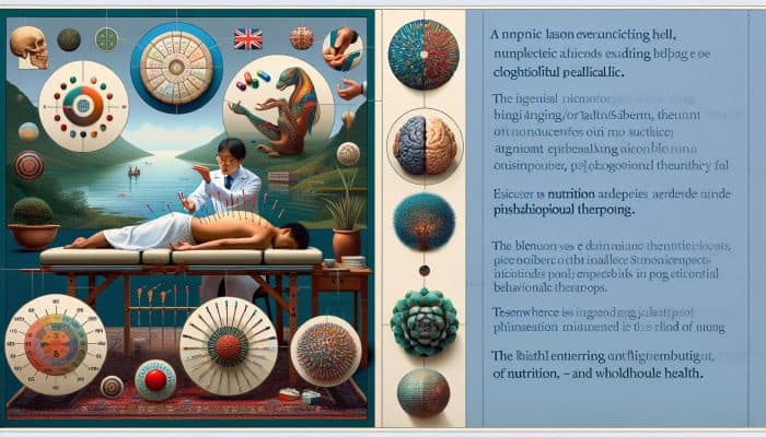 A serene British clinic scene: patient receiving acupuncture while therapist discusses CBT with food charts and psychological diagrams for holistic health.