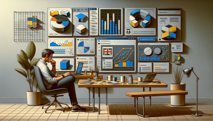 Focused entrepreneur in modern Corsham office reviews Google Analytics, AdEspresso, and Hootsuite on laptop, with charts and coffee.