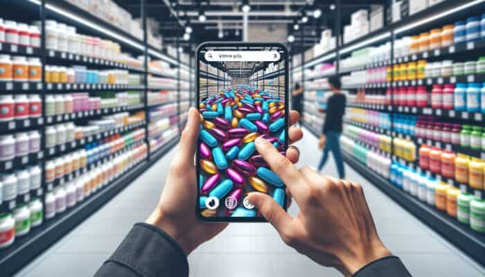 How to Optimize for Visual Search in Supplements: Diverse shopper using smartphone for visual search of colorful vitamin supplements, with pills and bottles on screen in a modern store.