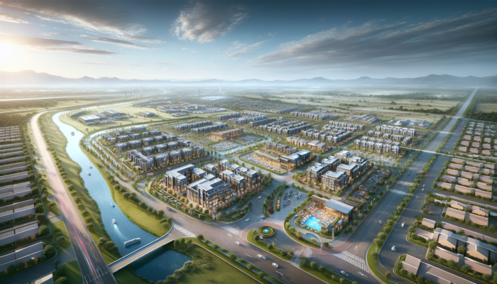 Aerial view of modern homes in Vanderbijlpark near the Vaal River, with accessible roads, schools, parks, and shopping centers.