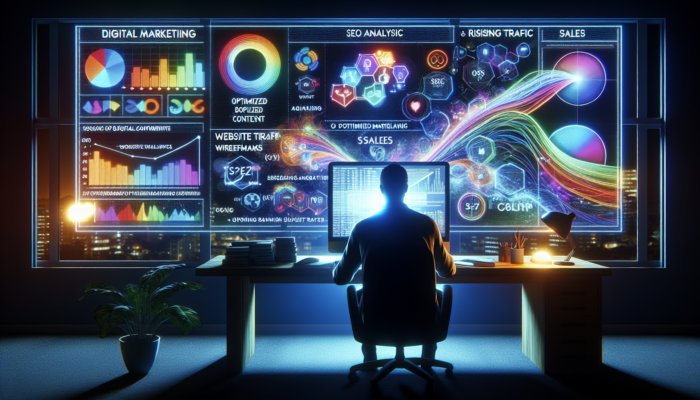 A digital marketer in Bridgwater reviews local keywords on a glowing screen, surrounded by insightful SEO charts and ascending traffic graphs.