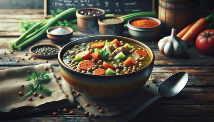 A steaming bowl of lentil soup with carrots, celery, lentils, chicken, and herbs on a rustic wooden table in a cosy kitchen.