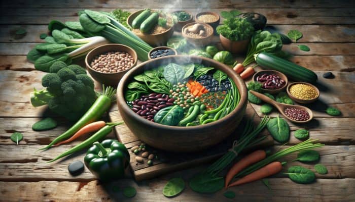 A steaming bowl of nutrient-dense soup with fresh spinach, kale, colourful vegetables, beans, lentils, and grains on a rustic wooden table surrounded by produce.