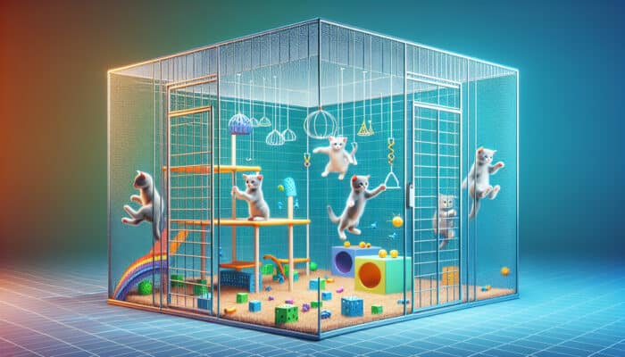 Playpen Ideas for Young Cats: Young cats playing safely in a secure playpen with robust mesh walls, non-toxic materials, and colourful toys in a bright environment.